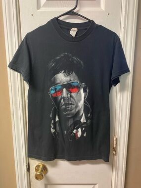 Men's Black Graphic Tee with Red & Blue Sunglass Accent